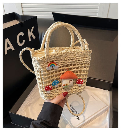 Crossbody Bag Handle Top Mushroom Applique Straw