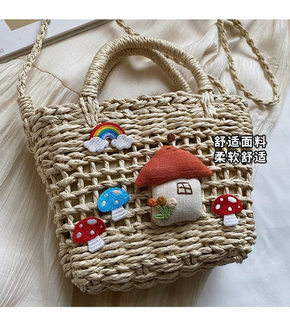 Crossbody Bag Handle Top Mushroom Applique Straw