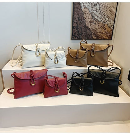 Leather Plain Flap Knot Crossbody Bag Faux