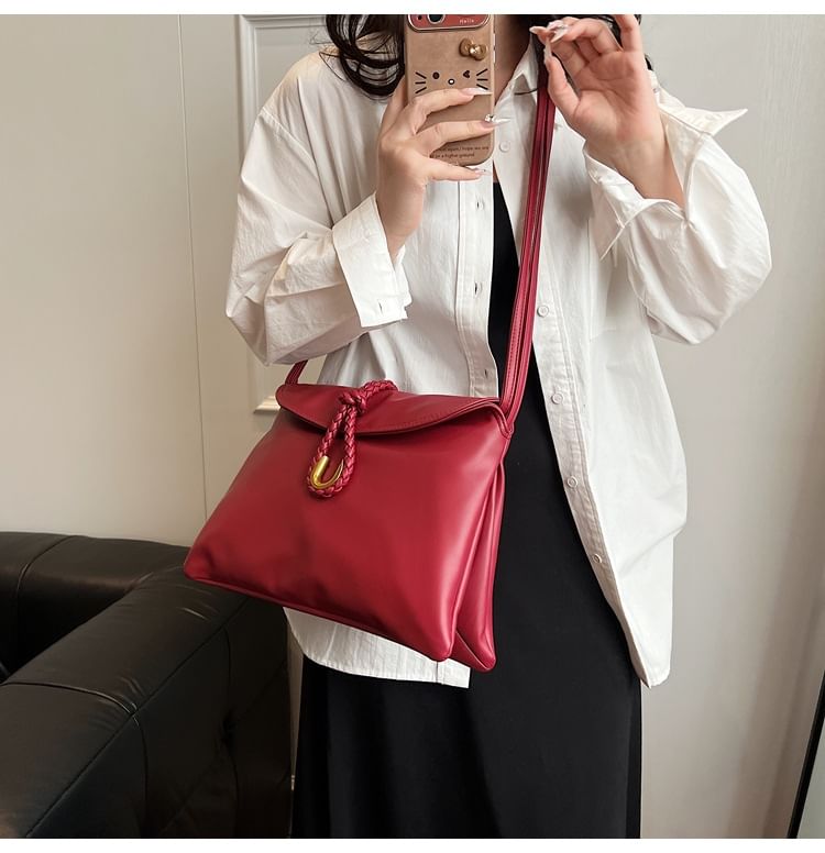 Leather Plain Flap Knot Crossbody Bag Faux