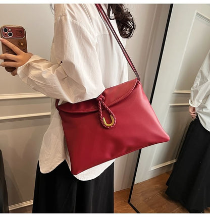 Leather Plain Flap Knot Crossbody Bag Faux