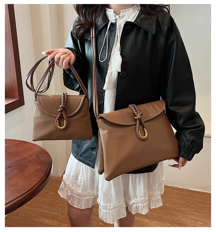 Leather Plain Flap Knot Crossbody Bag Faux
