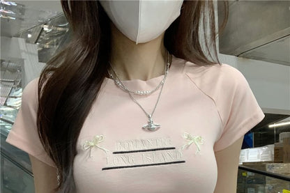 Cutout Tee Embroidered Crop Round Lettering Neck Bow Short-Sleeve Accent