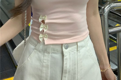 Cutout Tee Embroidered Crop Round Lettering Neck Bow Short-Sleeve Accent