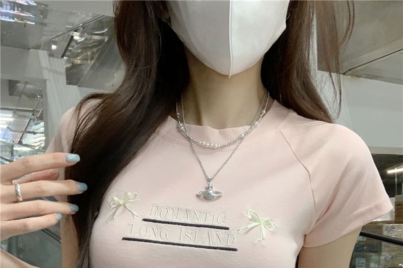 Cutout Tee Embroidered Crop Round Lettering Neck Bow Short-Sleeve Accent
