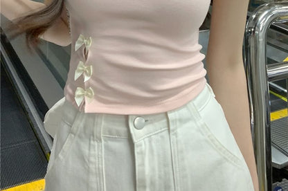 Cutout Tee Embroidered Crop Round Lettering Neck Bow Short-Sleeve Accent