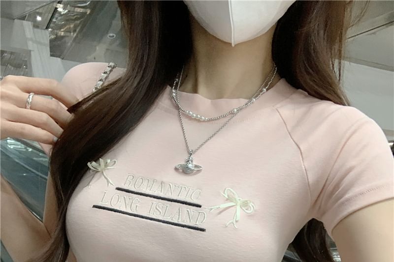 Cutout Tee Embroidered Crop Round Lettering Neck Bow Short-Sleeve Accent