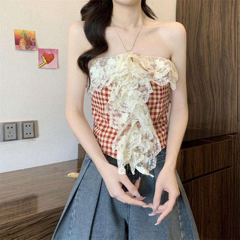 Lace Top Gingham Crop Tube Panel