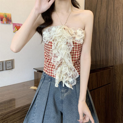 Lace Top Gingham Crop Tube Panel