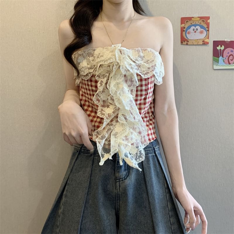 Lace Top Gingham Crop Tube Panel