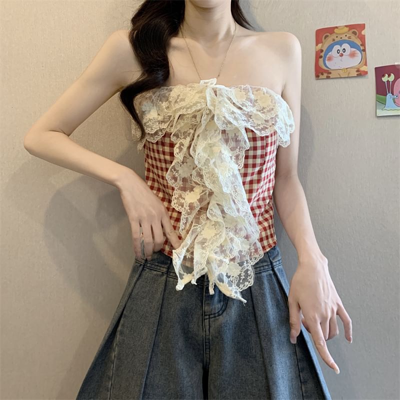 Lace Top Gingham Crop Tube Panel