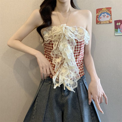 Lace Top Gingham Crop Tube Panel