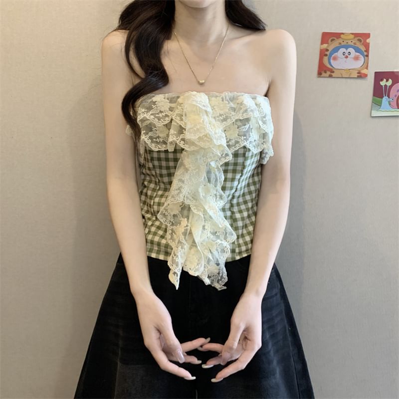 Lace Top Gingham Crop Tube Panel