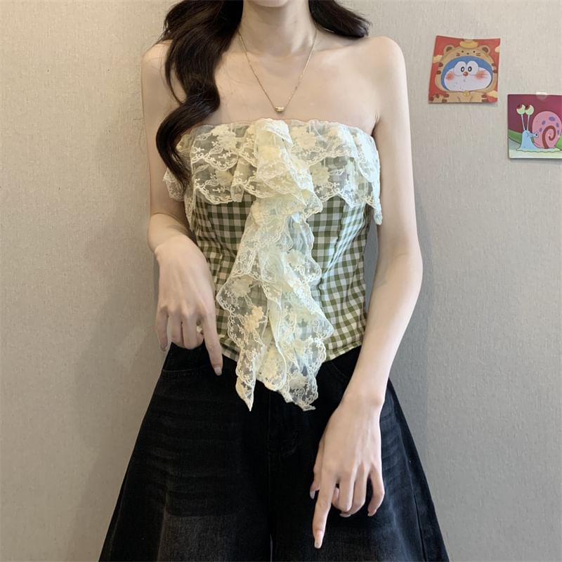 Lace Top Gingham Crop Tube Panel