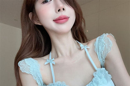 Lace Neck Top Bow Plain Crop Fit Halter Cap-Sleeve Panel Accent Slim