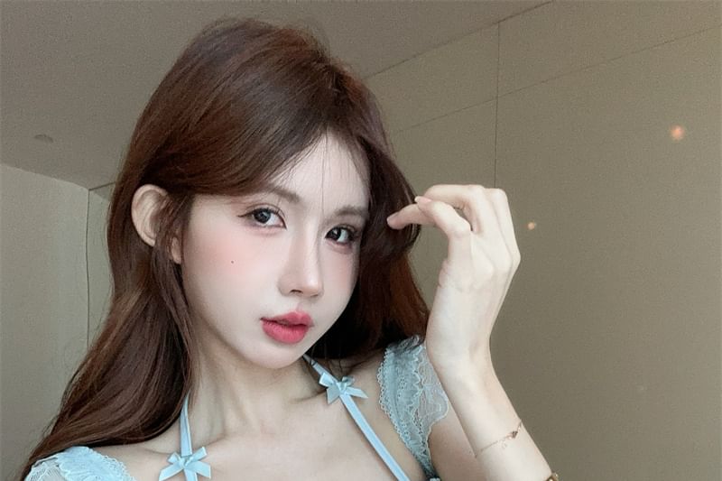 Lace Neck Top Bow Plain Crop Fit Halter Cap-Sleeve Panel Accent Slim