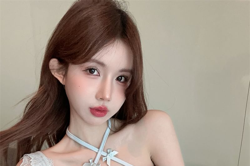 Lace Neck Top Bow Plain Crop Fit Halter Cap-Sleeve Panel Accent Slim