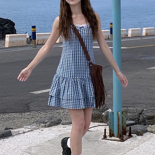 Layered Dress Mini Strap A-Line Spaghetti Trim V-Neck Gingham Lace