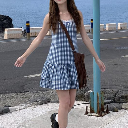 Layered Dress Mini Strap A-Line Spaghetti Trim V-Neck Gingham Lace