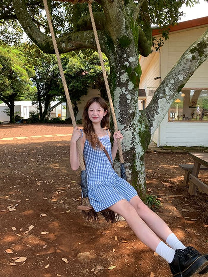 Layered Dress Mini Strap A-Line Spaghetti Trim V-Neck Gingham Lace