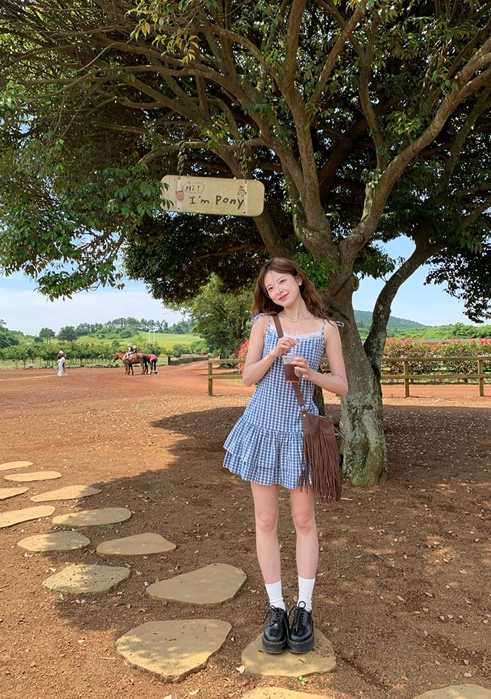 Layered Dress Mini Strap A-Line Spaghetti Trim V-Neck Gingham Lace