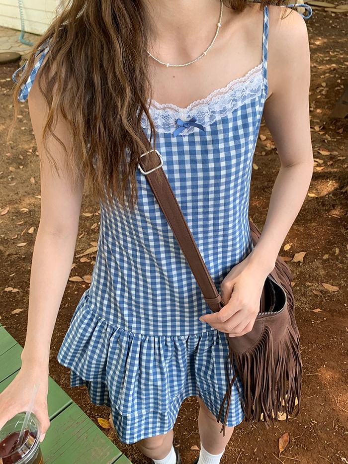 Layered Dress Mini Strap A-Line Spaghetti Trim V-Neck Gingham Lace