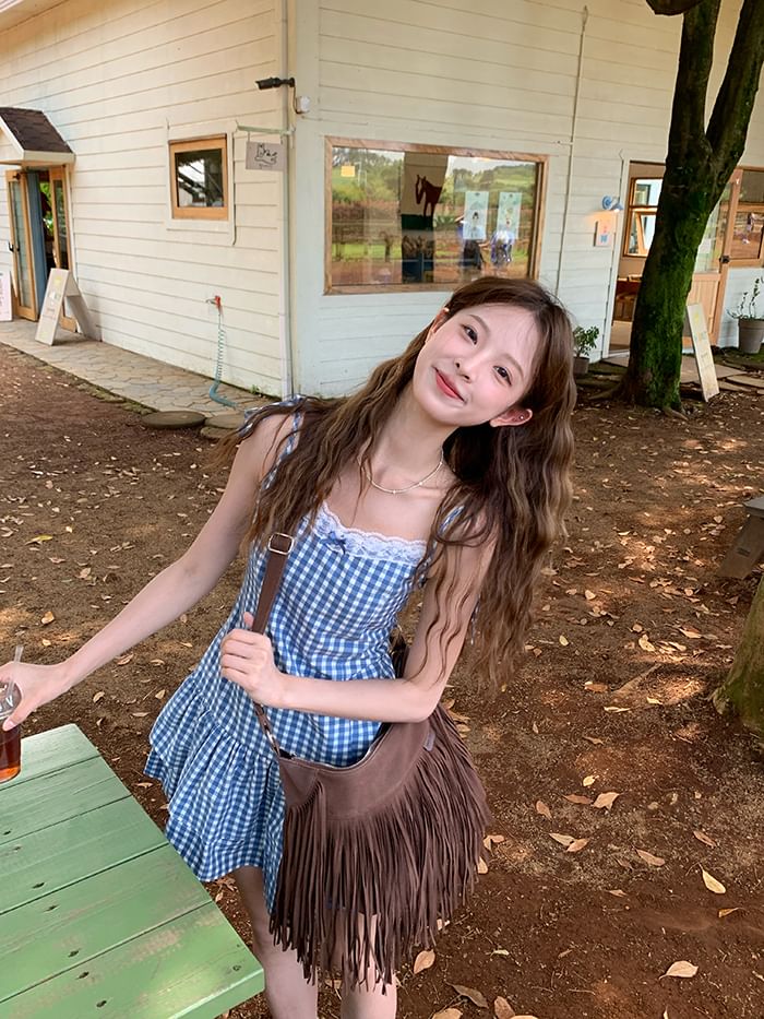 Layered Dress Mini Strap A-Line Spaghetti Trim V-Neck Gingham Lace