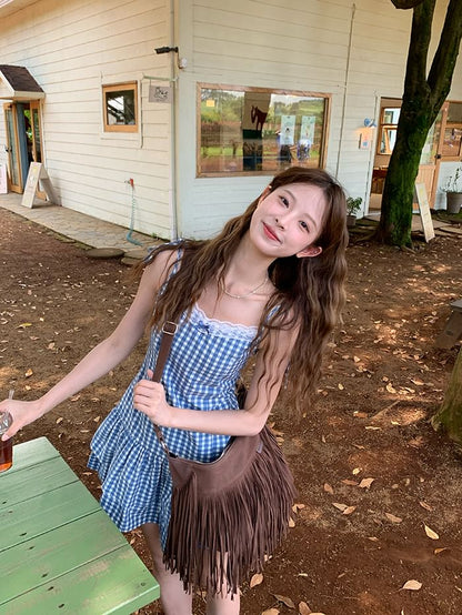 Layered Dress Mini Strap A-Line Spaghetti Trim V-Neck Gingham Lace