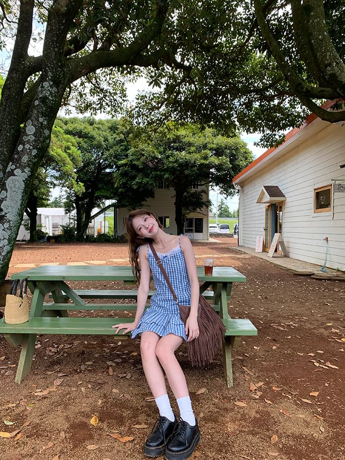 Layered Dress Mini Strap A-Line Spaghetti Trim V-Neck Gingham Lace