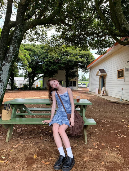 Layered Dress Mini Strap A-Line Spaghetti Trim V-Neck Gingham Lace