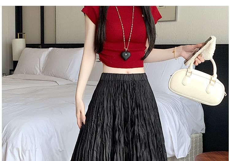 Crinkle A-Line Maxi Waist High Asymmetrical Plain Skirt