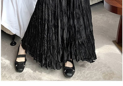 Crinkle A-Line Maxi Waist High Asymmetrical Plain Skirt