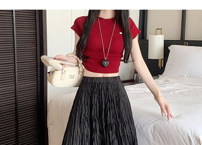 Crinkle A-Line Maxi Waist High Asymmetrical Plain Skirt