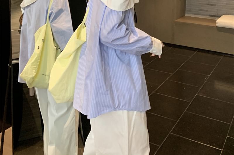 Long-Sleeve Shoulder Blouse Cold Asymmetrical Button-Up Striped