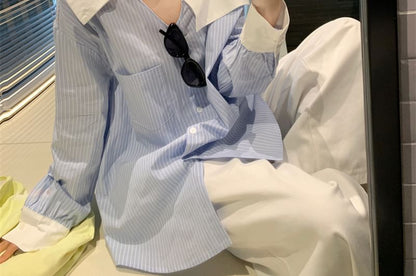 Long-Sleeve Shoulder Blouse Cold Asymmetrical Button-Up Striped