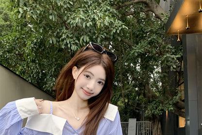 Long-Sleeve Shoulder Blouse Cold Asymmetrical Button-Up Striped