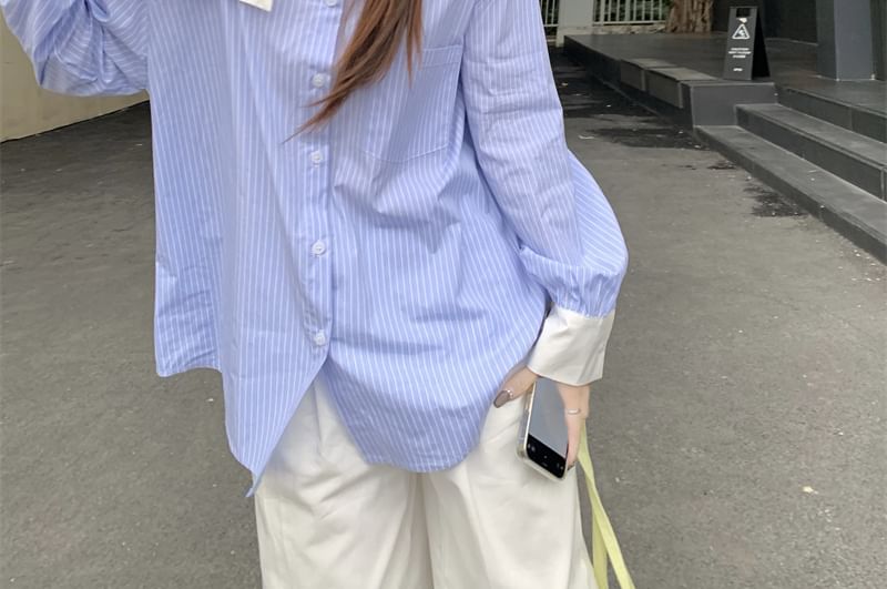 Long-Sleeve Shoulder Blouse Cold Asymmetrical Button-Up Striped