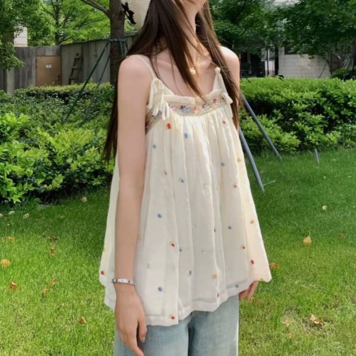 Camisole Embroidered Flowy Frill Top Bow Accent Trim