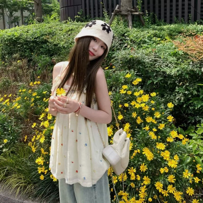 Camisole Embroidered Flowy Frill Top Bow Accent Trim