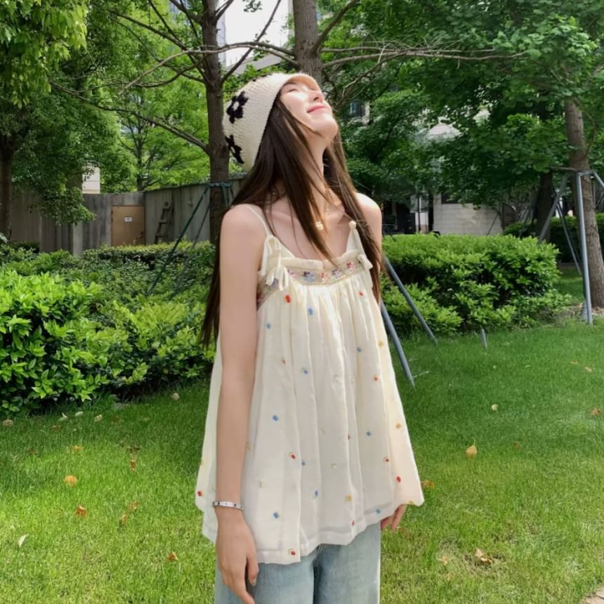 Camisole Embroidered Flowy Frill Top Bow Accent Trim