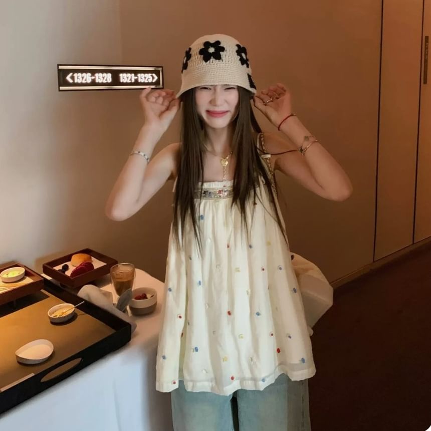 Camisole Embroidered Flowy Frill Top Bow Accent Trim