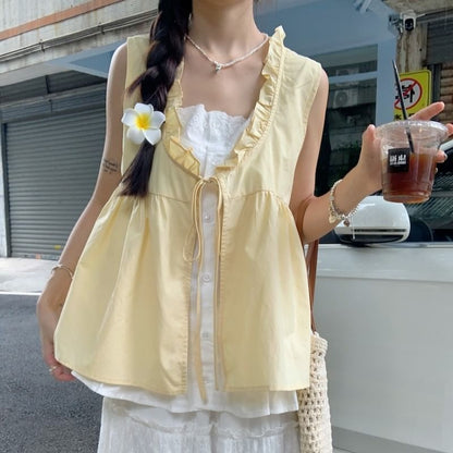 Frill Tone Sleeveless Two Two-Piece Tie Mock Blouse Trim Front