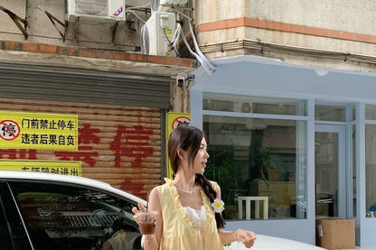 Frill Tone Sleeveless Two Two-Piece Tie Mock Blouse Trim Front