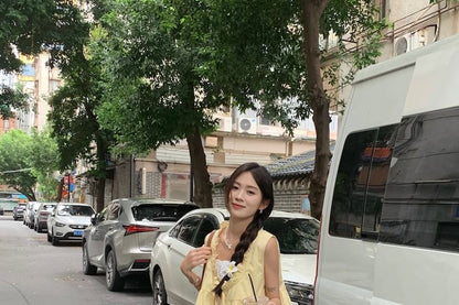 Frill Tone Sleeveless Two Two-Piece Tie Mock Blouse Trim Front