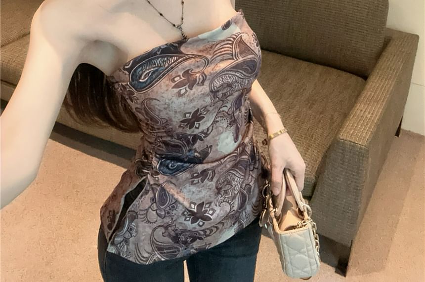 Top Print Slit Ruched Tube Paisley