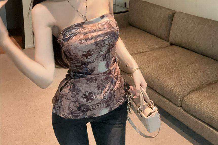 Top Print Slit Ruched Tube Paisley