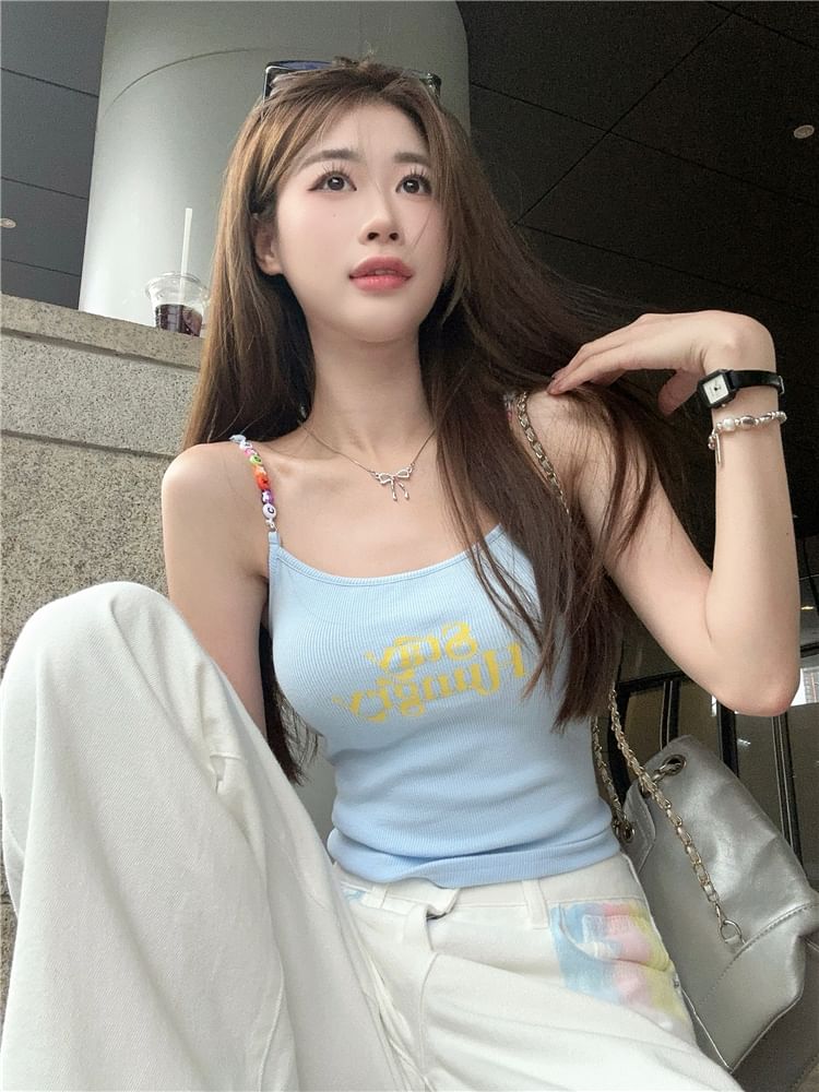 Neck Beaded Scoop Top Print Crop Cami Lettering