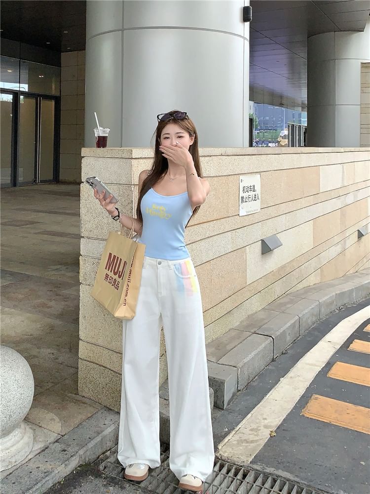 Neck Beaded Scoop Top Print Crop Cami Lettering