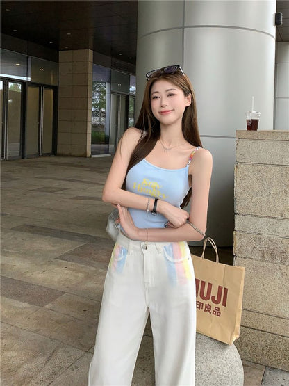 Neck Beaded Scoop Top Print Crop Cami Lettering