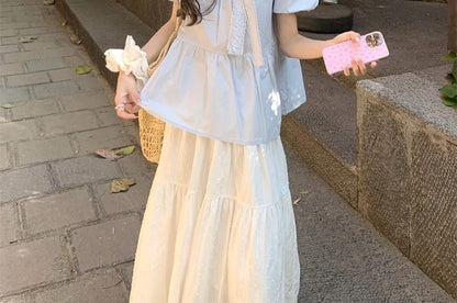 Lace Crew Blouse Neck Bow Trim Puff-Sleeve Accent